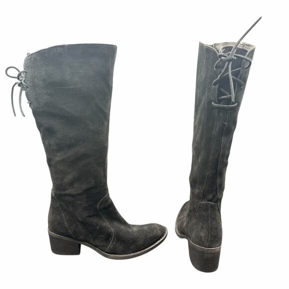 Born Black Suede Tall Riding Boots Lace Back 9M F33103 - Picture 1 of 16